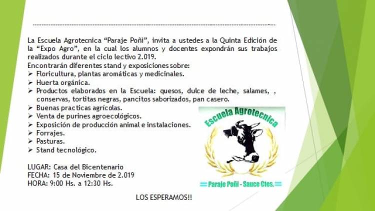 La Escuela Agrotecnica Paraje Poñi Y su 5ta. Edición de la “Expo Agro”,