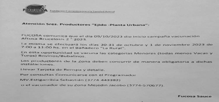 A los Productores de zona Ejido de Sauce.